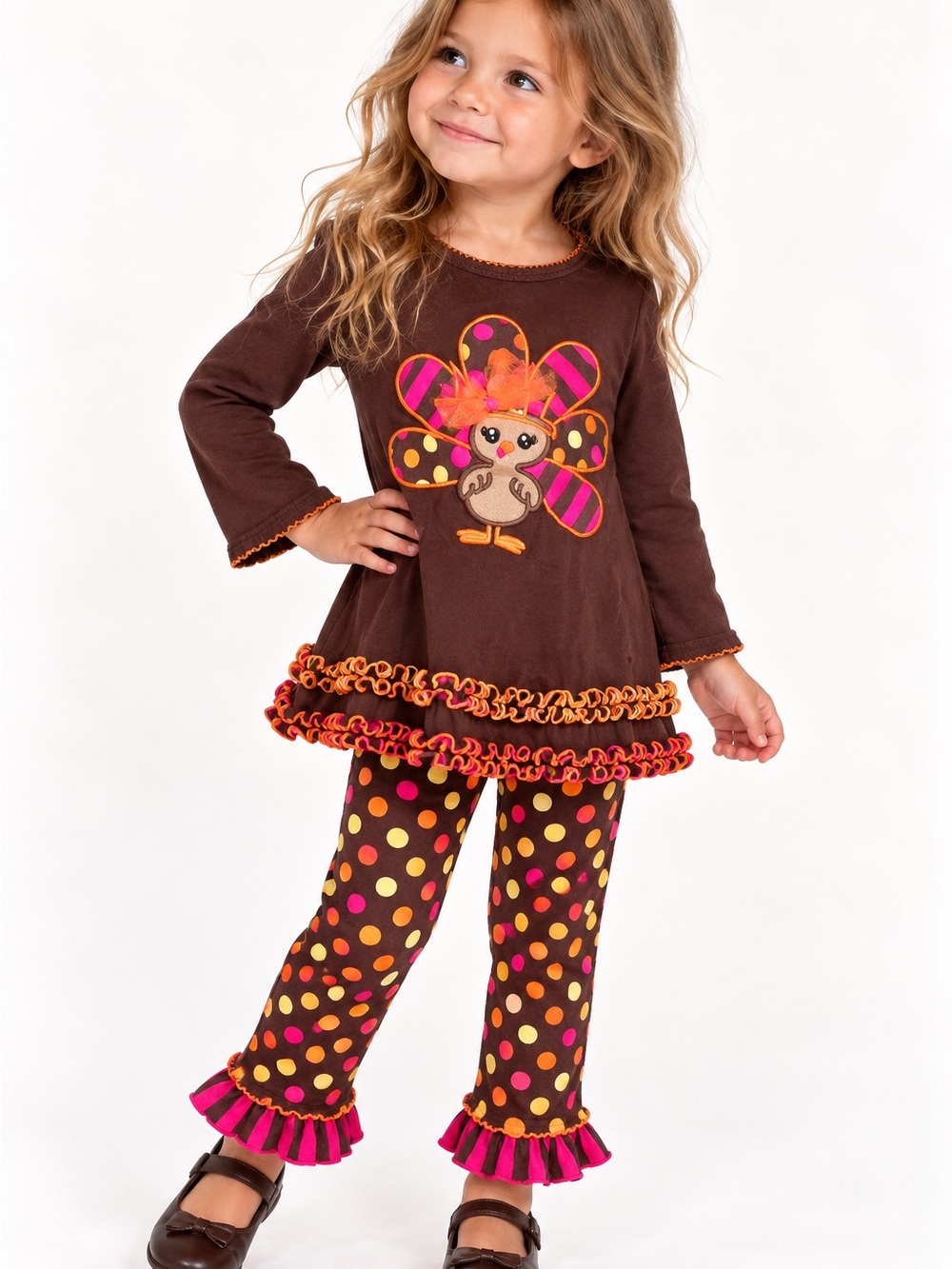 Bonnie Jean Girls 3T Brown Floral Appliqué Tunic & Polka Dot Pants Set